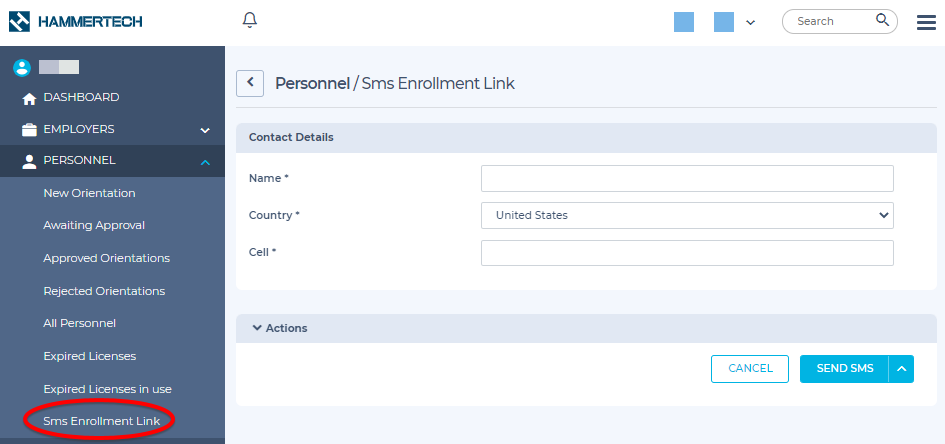 Sending SMS Link for Enrollment/Orientation – HammerTech - North America